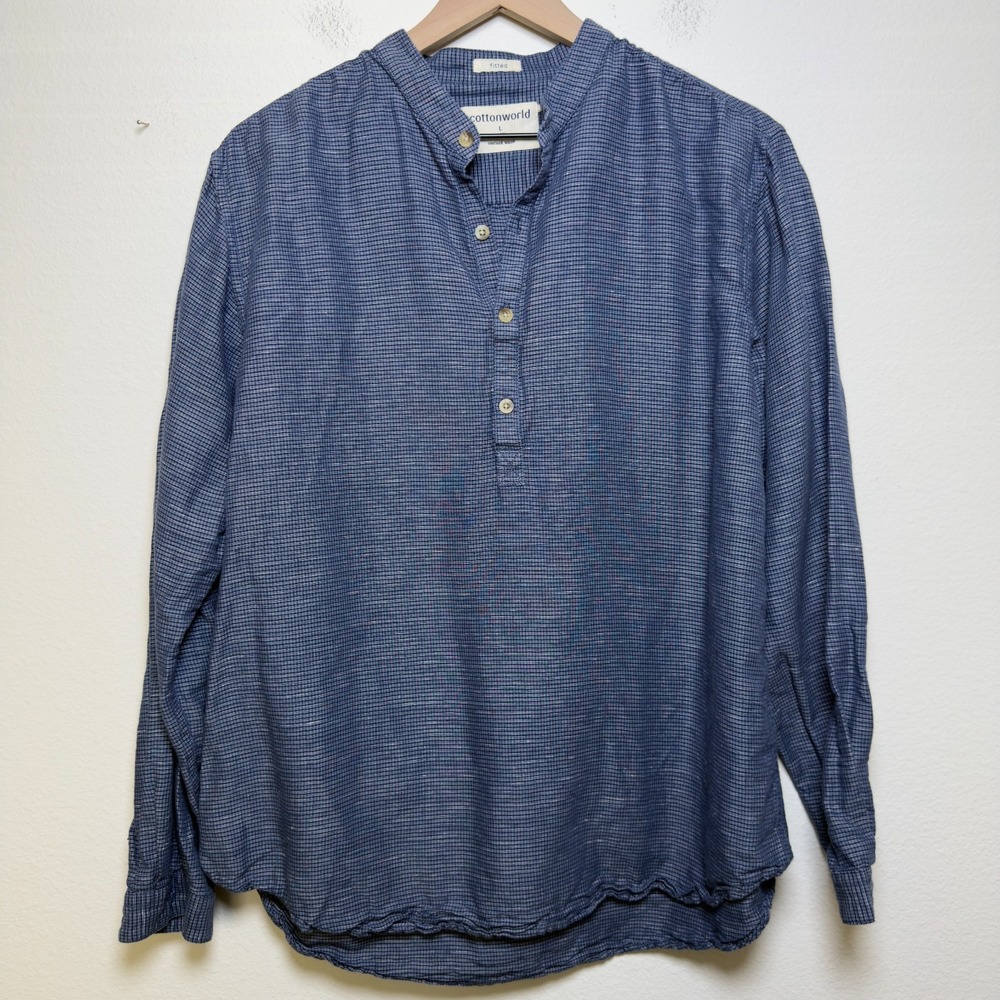 Cottonworld Women Linen Cotton Popover Top Large Blue Lagenlook Coastal Parisian